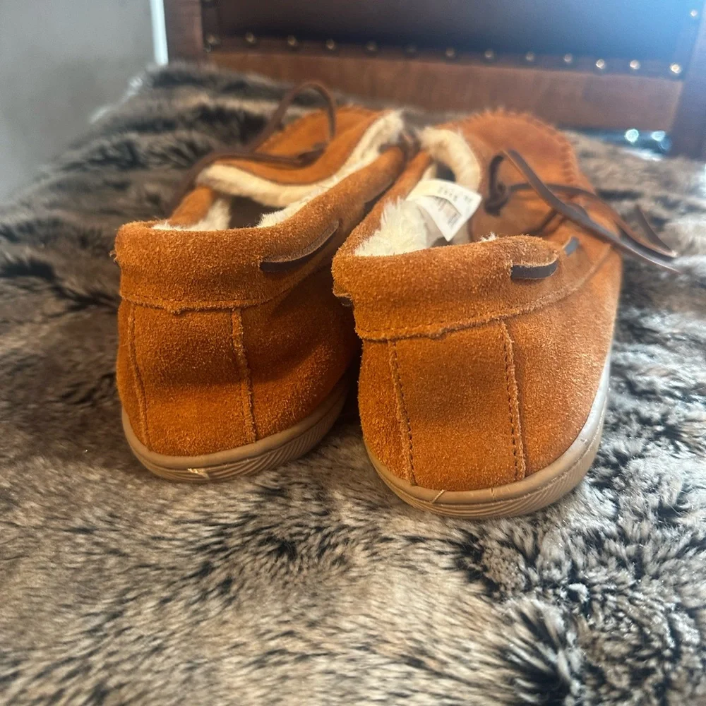 J. Crew Sherpa Lined Suede Brown Moccasin Slippers, Size 12